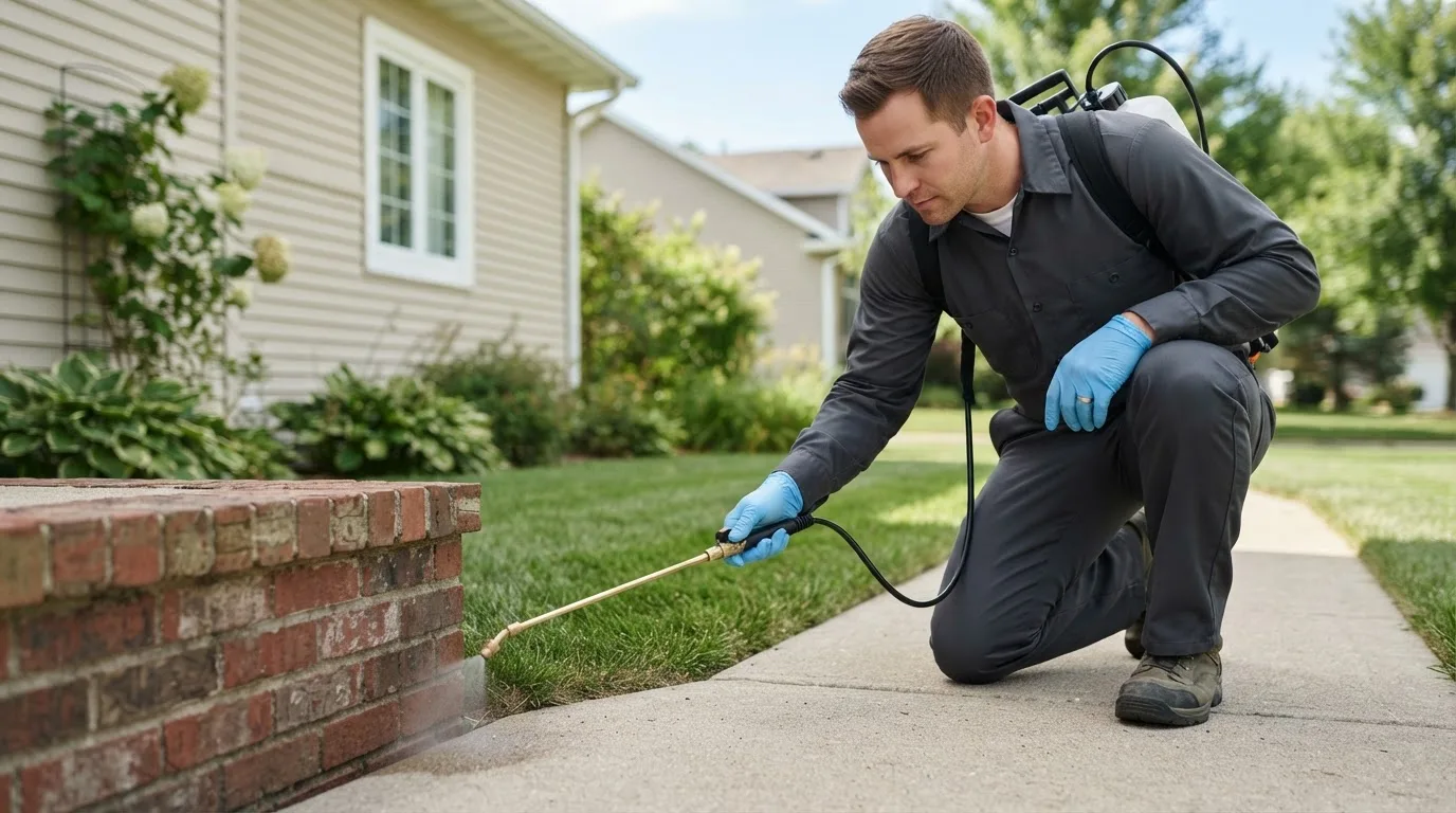 Pest control technician treating a home near Chester, ID